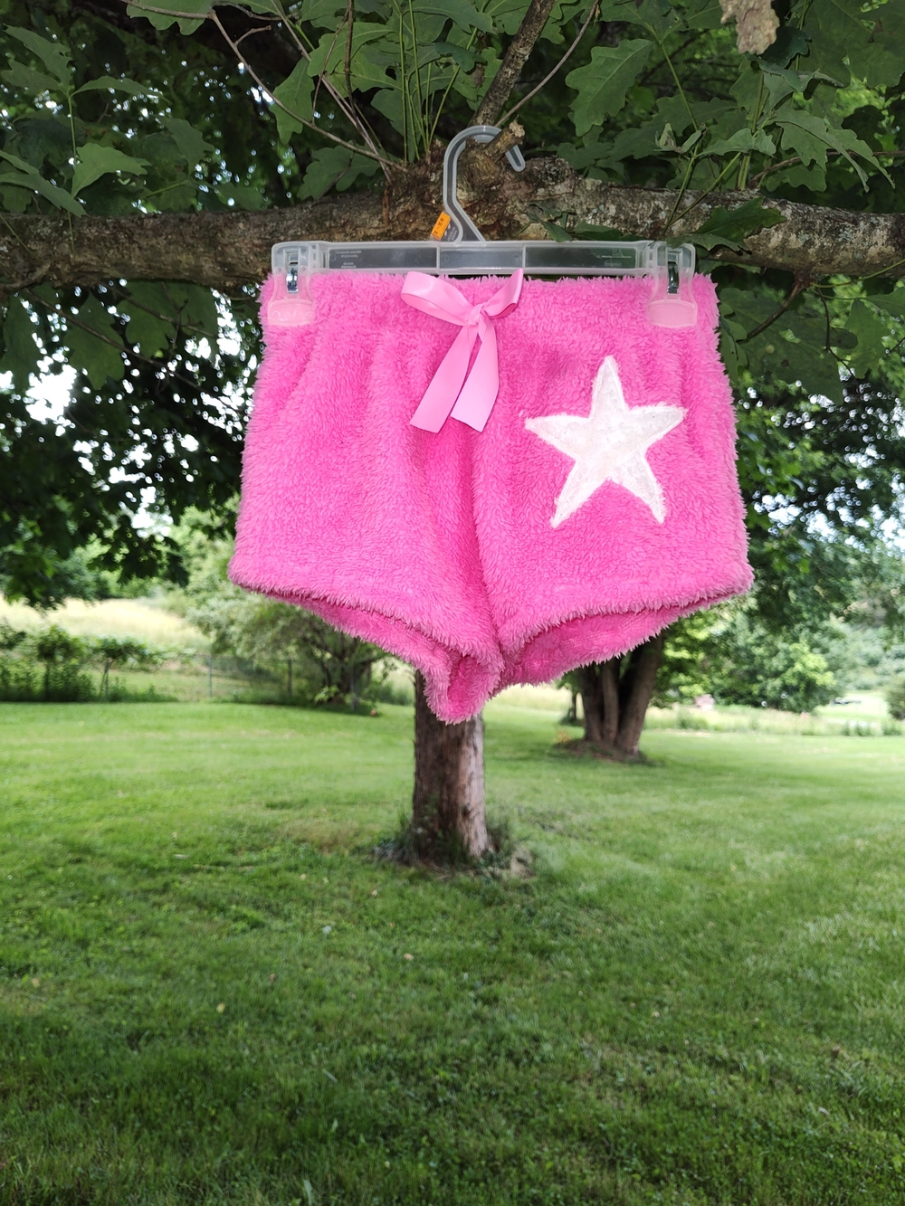 ROMWE Hot Pink Plush Lounge Shorts with White Star Detail
